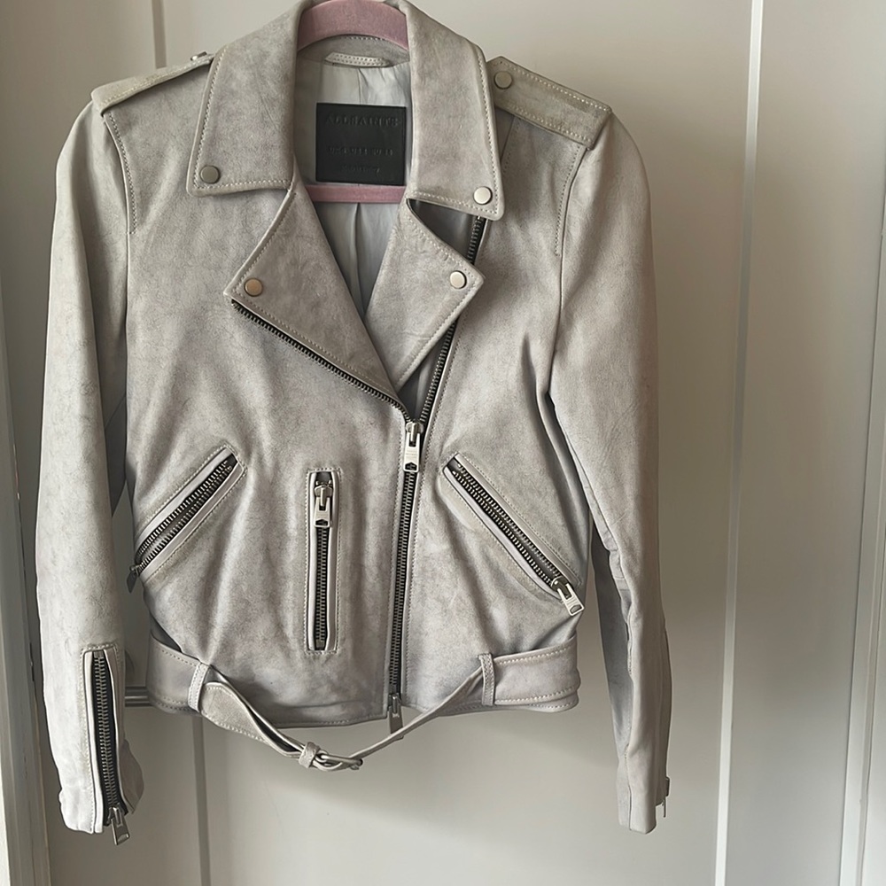 All Saints Grey Distressed Motorcycle Jacket